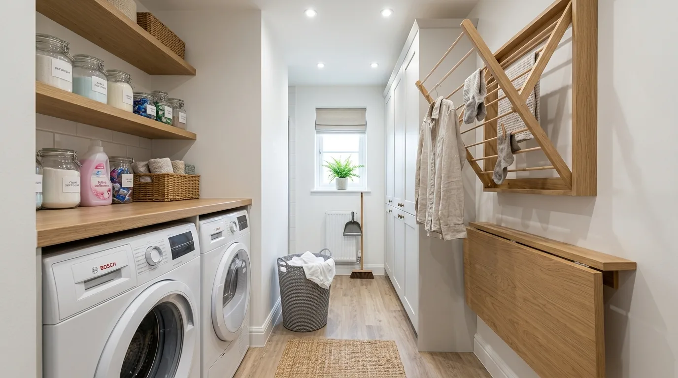 Use open shelves only where they stay practical inspiration for a small laundry room.